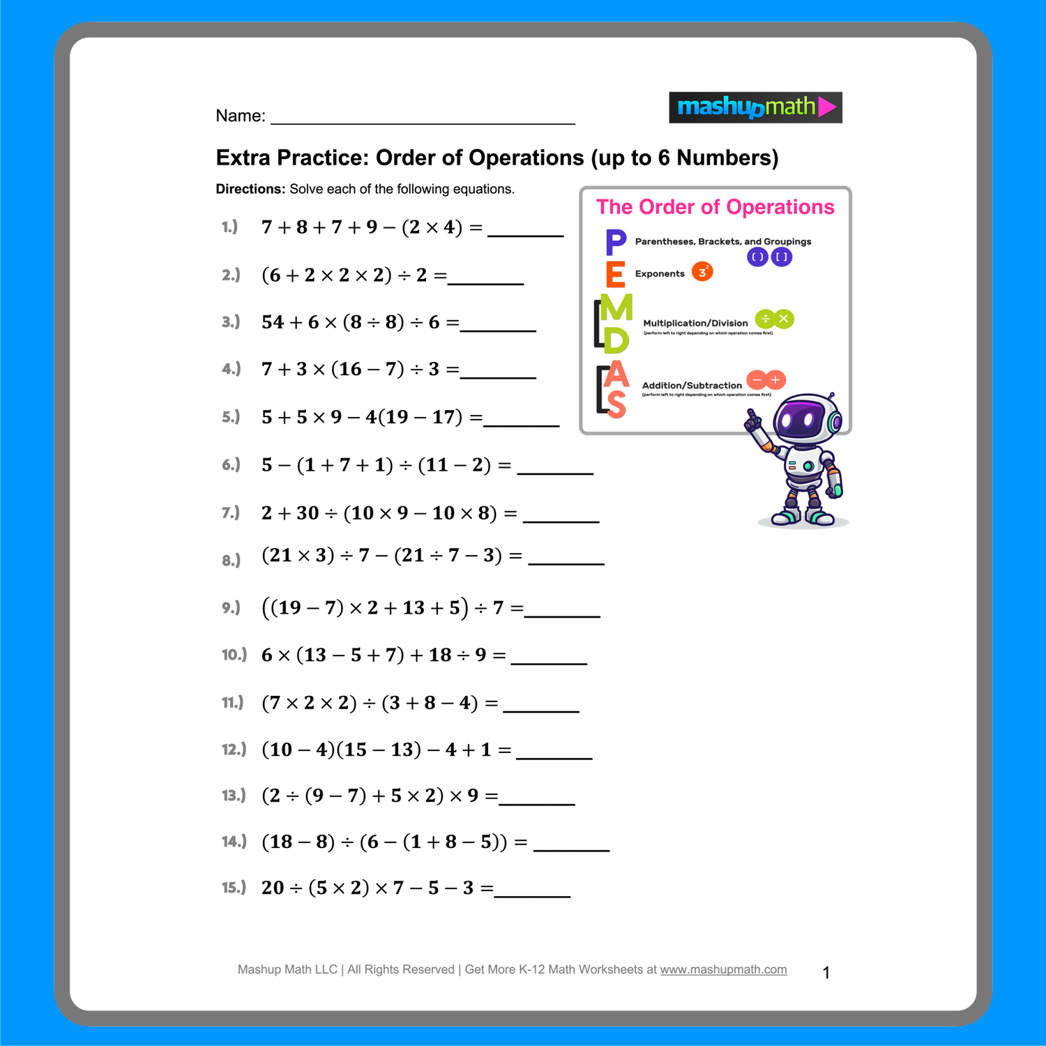 A math worksheet with 15 order-of-operations problems to solve, answer lines, and a small PEMDAS reference chart with a cartoon robot.