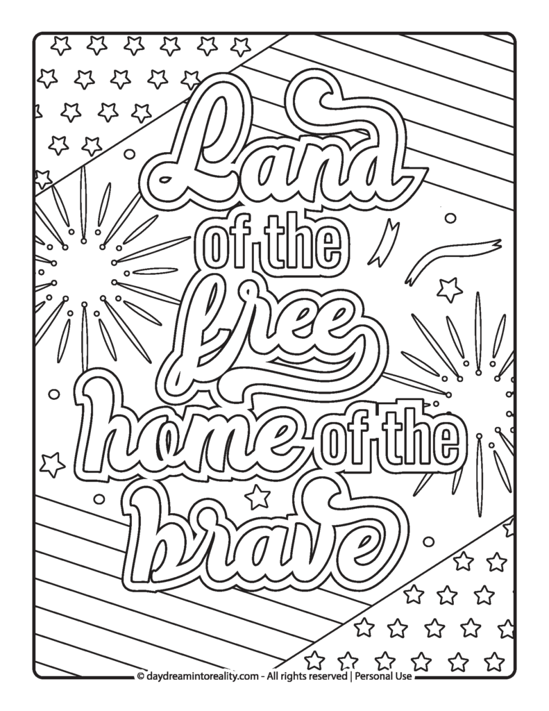 Patriotic coloring page featuring outlined lettering reading “Land of the free, home of the brave,” surrounded by stars, stripes, and fireworks.