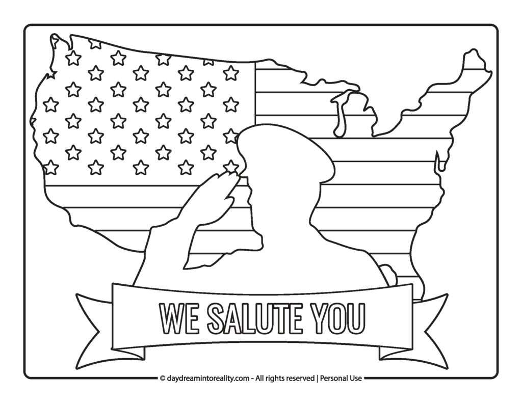 Patriotic coloring page showing a saluting figure in front of a United States flag, with a banner reading “WE SALUTE YOU.”.