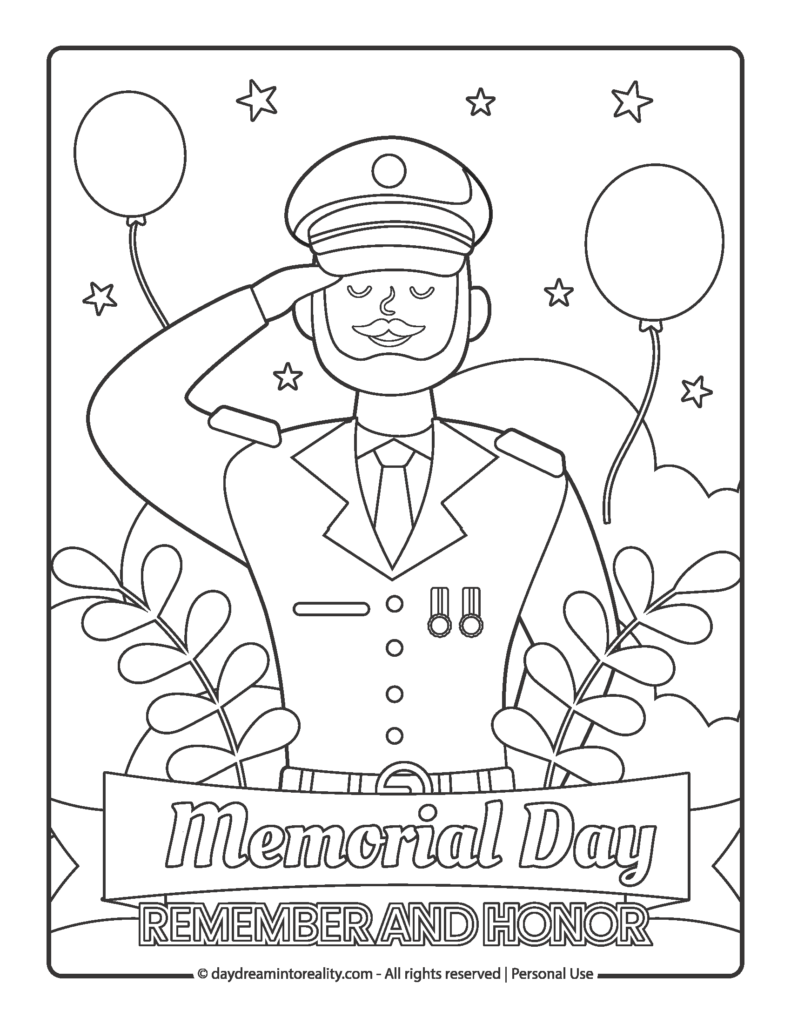 Memorial Day coloring page showing a uniformed service member saluting amid stars, balloons, and foliage, with a banner reading “Memorial Day — Remember and Honor.”.