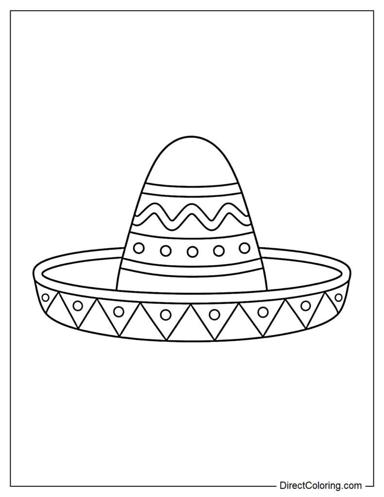A sombrero coloring page with bands of wavy lines, circles, and triangles decorating the hat and brim.