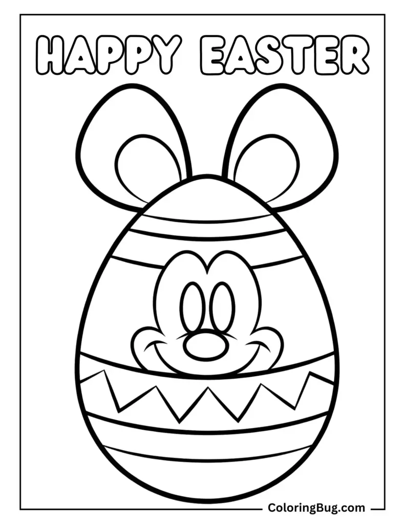 Happy Easter coloring page with large outlined lettering above an Easter egg decorated with a mouse face, ears, and patterned bands.