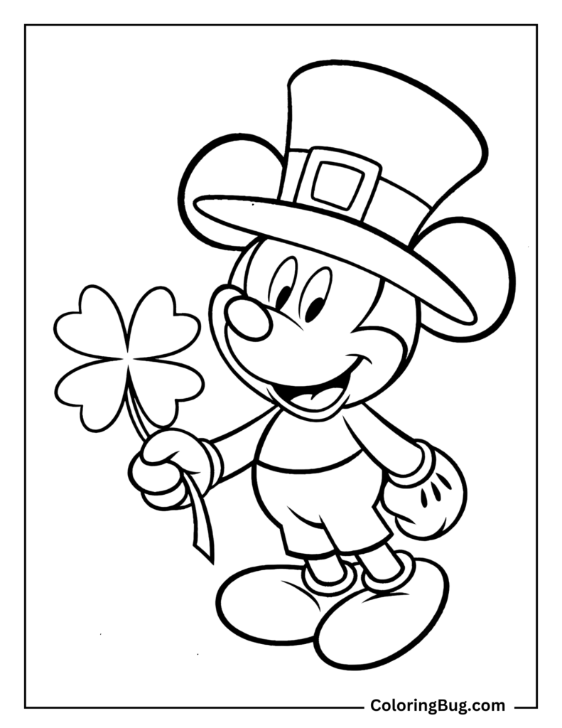 A smiling cartoon mouse wears a tall buckled hat and holds a four-leaf clover on a black-and-white coloring page.