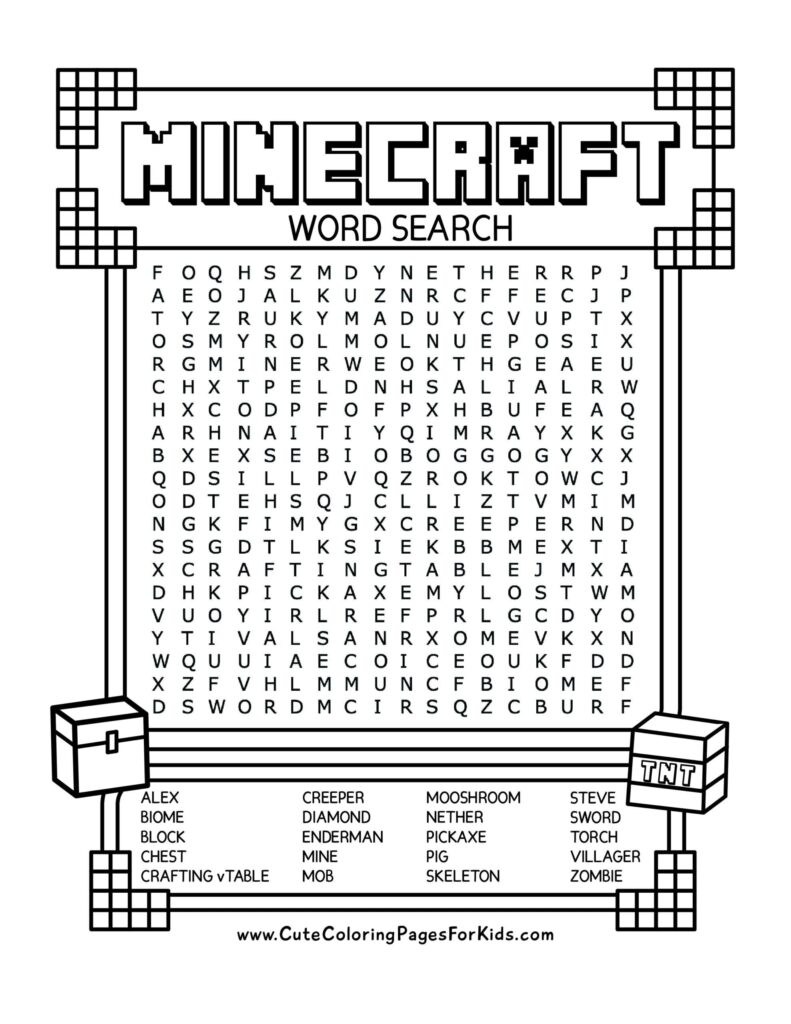 A Minecraft-themed word-search worksheet with a large letter grid, a list of game-related words below it, and block-style corner decorations.