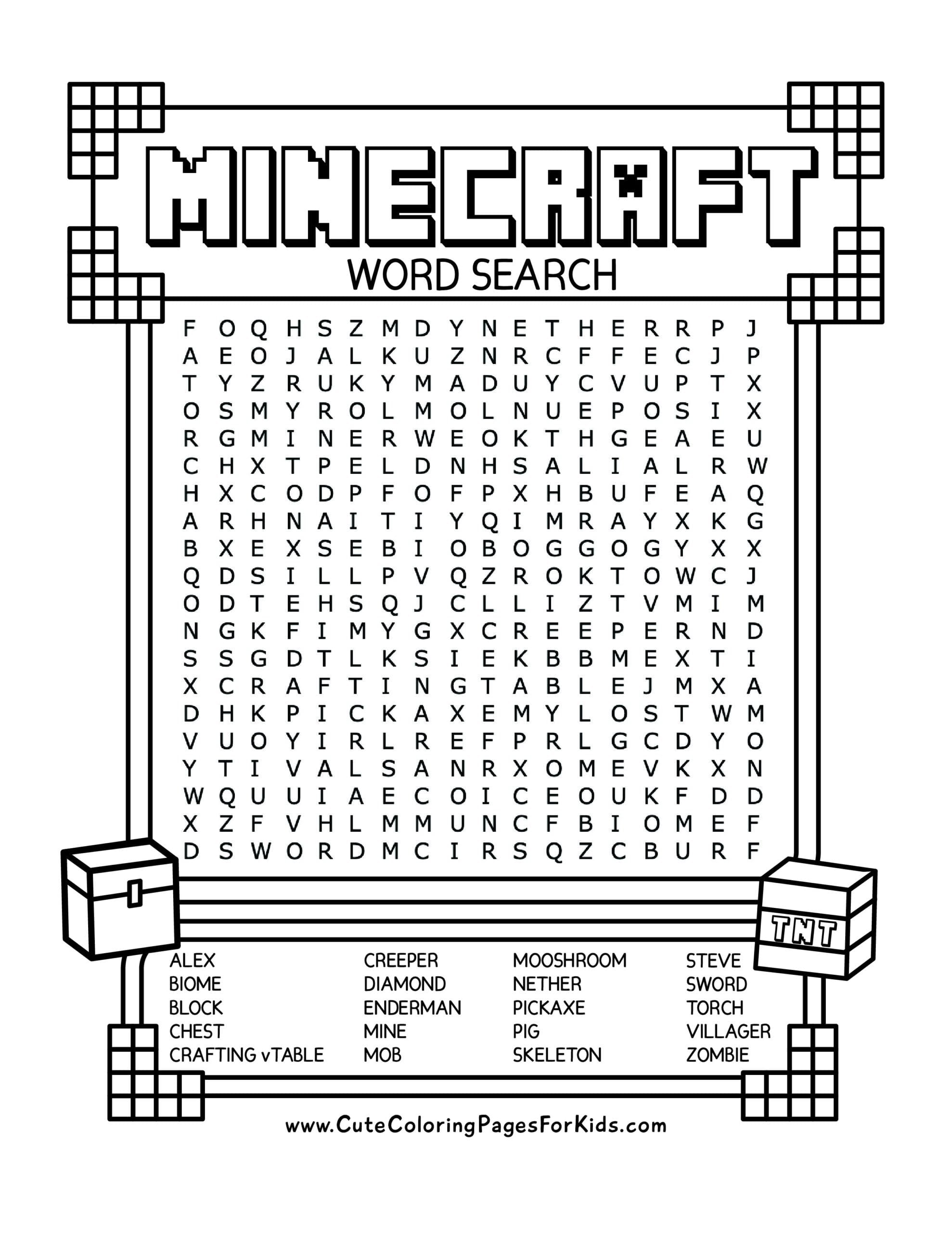 A Minecraft-themed word-search worksheet with a large letter grid, a list of game-related words below it, and block-style corner decorations.