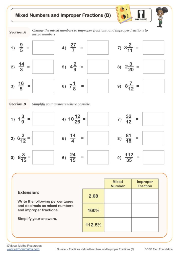 A worksheet with sections on converting mixed numbers and improper fractions, simplifying answers, and an extension table for decimals and percentages.