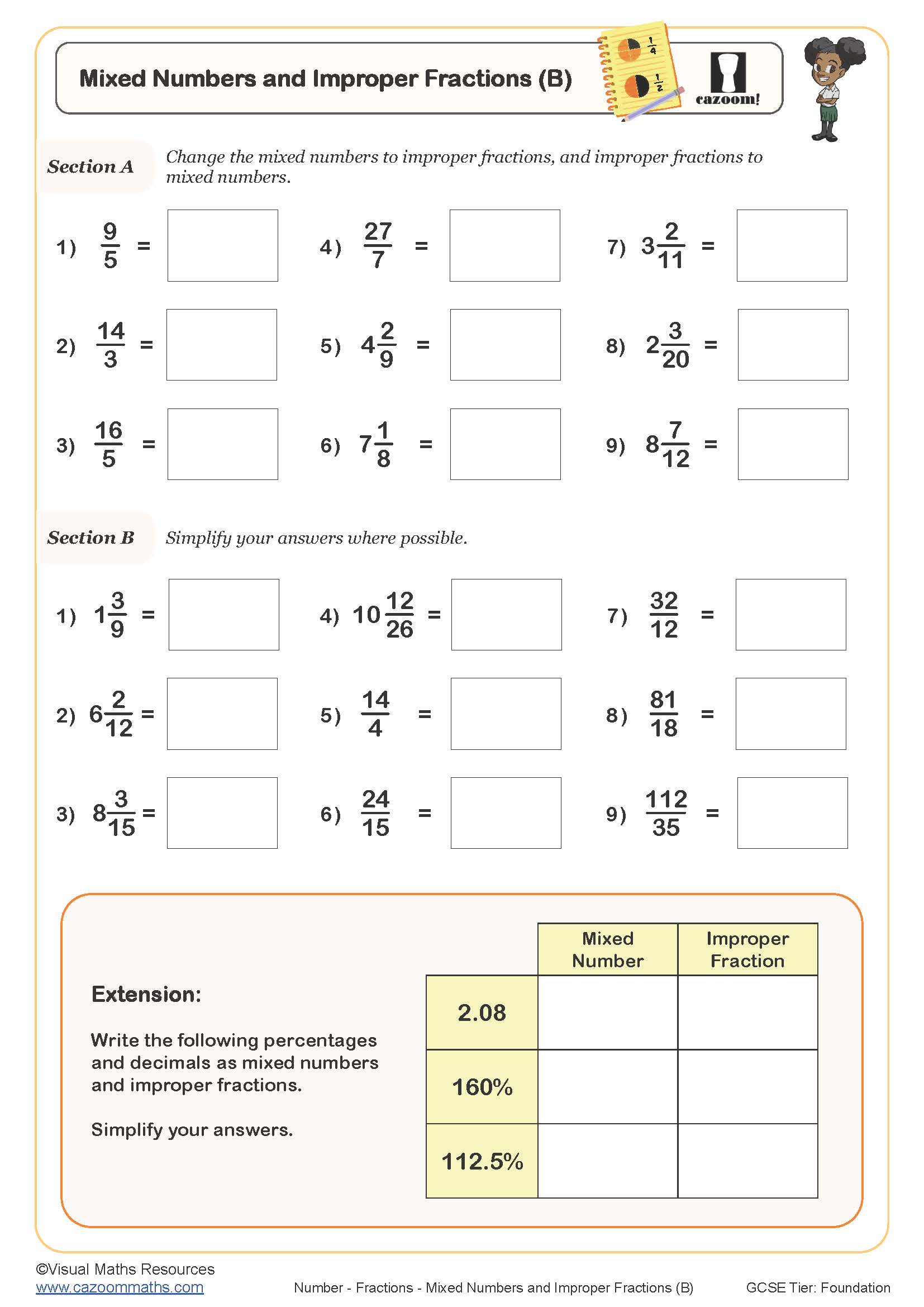 A worksheet with sections on converting mixed numbers and improper fractions, simplifying answers, and an extension table for decimals and percentages.