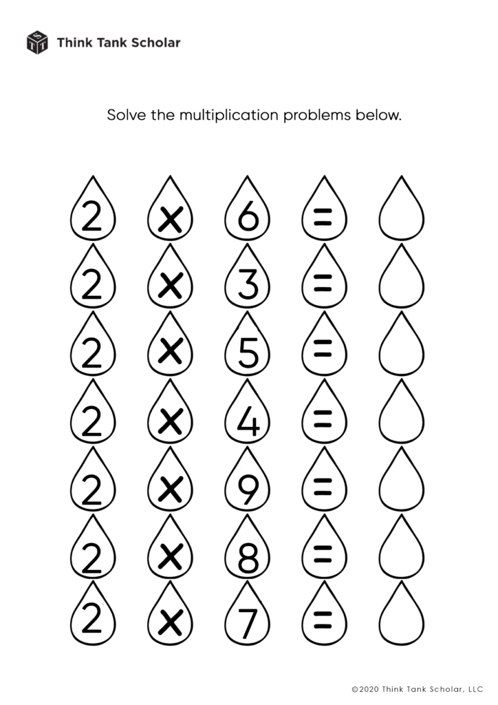 A multiplication worksheet asks students to solve seven problems: 2 multiplied by 6, 3, 5, 4, 9, 8, and 7, with blank spaces for answers.