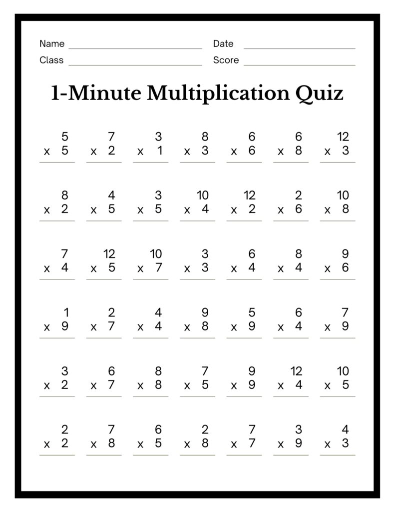A printable one-minute multiplication quiz worksheet with name, date, class, and score lines, followed by rows of multiplication problems.