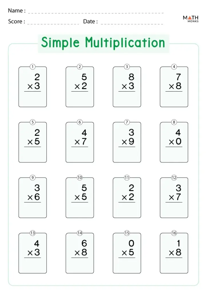 A simple multiplication worksheet with 16 numbered boxes, each containing a single-digit multiplication problem and space below for answers.