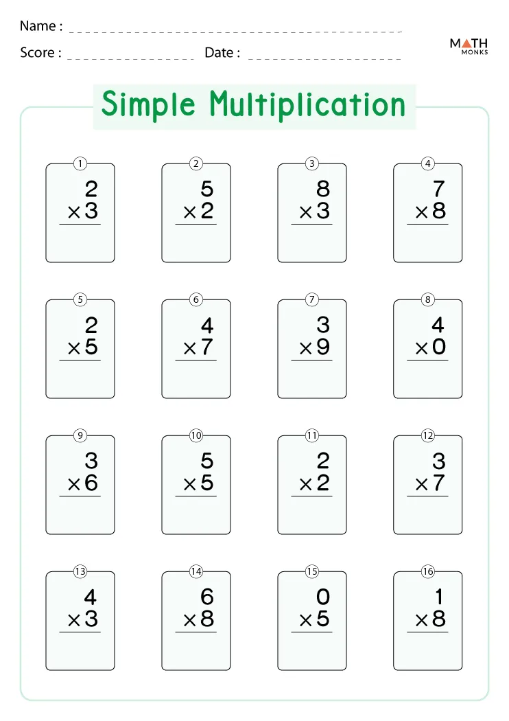 A simple multiplication worksheet with 16 numbered boxes, each containing a single-digit multiplication problem and space below for answers.