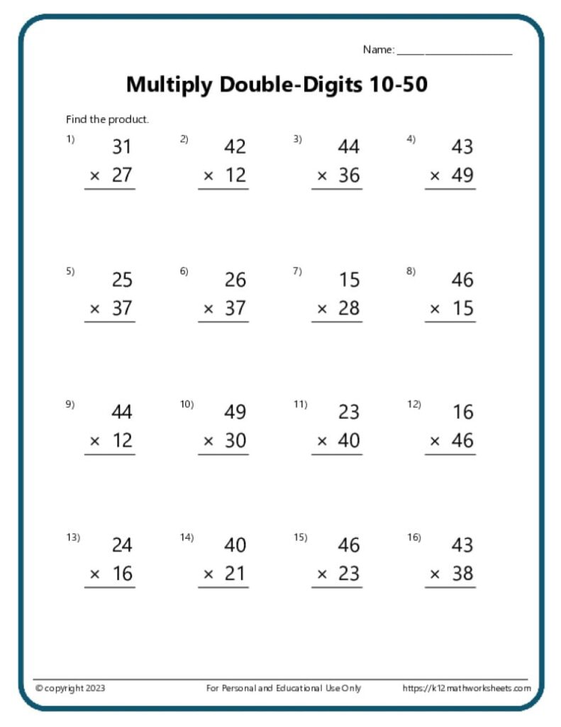 A worksheet titled “Multiply Double-Digits 10-50” with 16 vertical multiplication problems and blank space for answers.