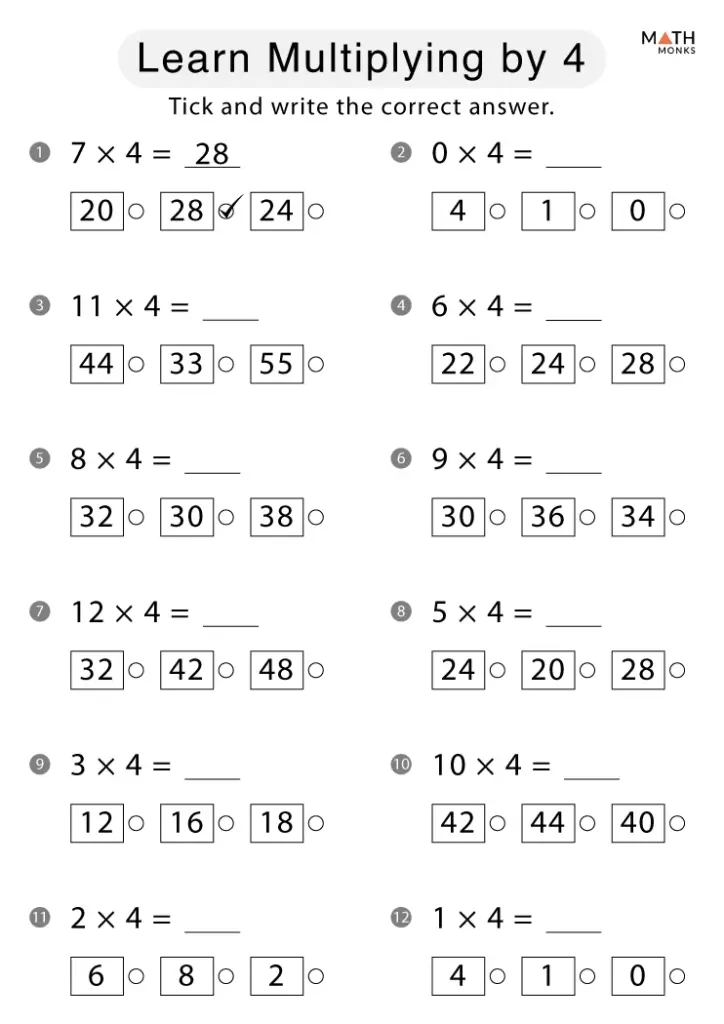 A worksheet titled “Learn Multiplying by 4” with twelve multiplication problems and multiple-choice answers to tick; the first problem is completed as an example.