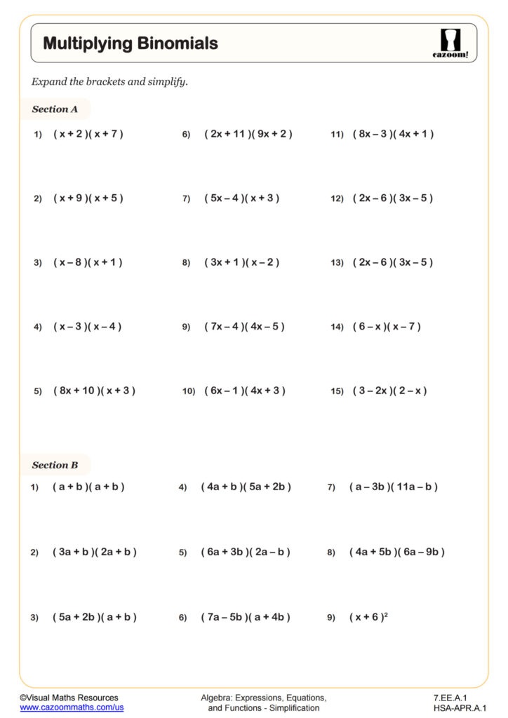 A worksheet titled “Multiplying Binomials” with two sections of algebra expansion problems, including expressions with x, a, and b.