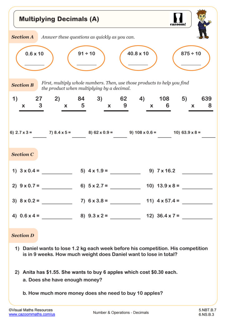 A worksheet titled “Multiplying Decimals (A)” with sections on decimal multiplication, quick calculations, and word problems.