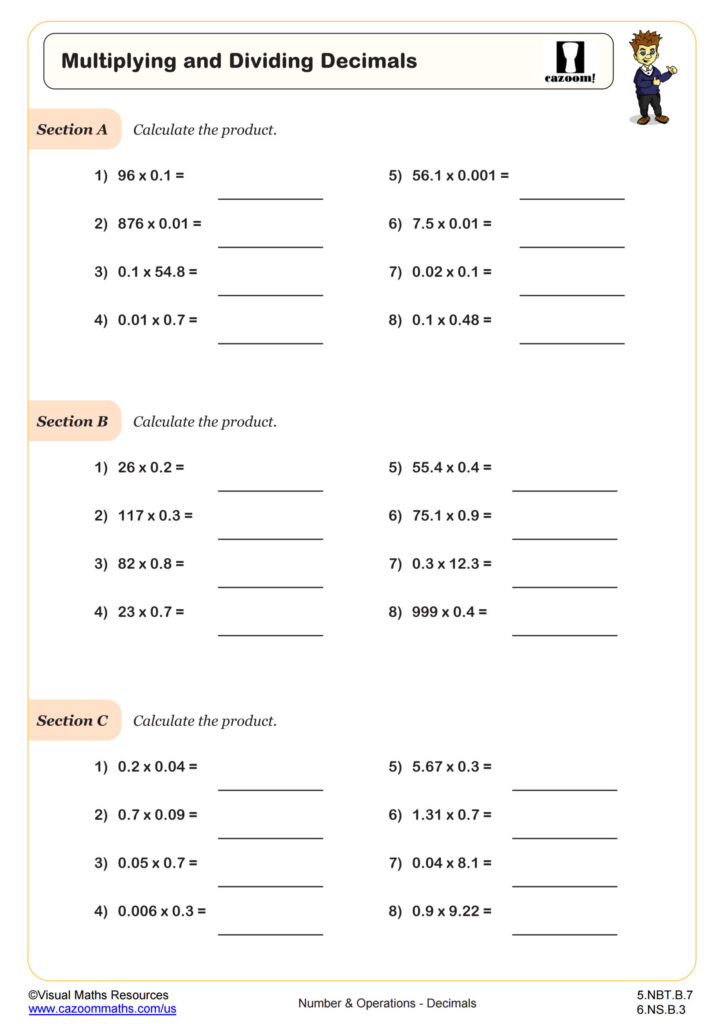 A worksheet titled “Multiplying and Dividing Decimals,” with three sections of decimal multiplication problems and lines for answers.