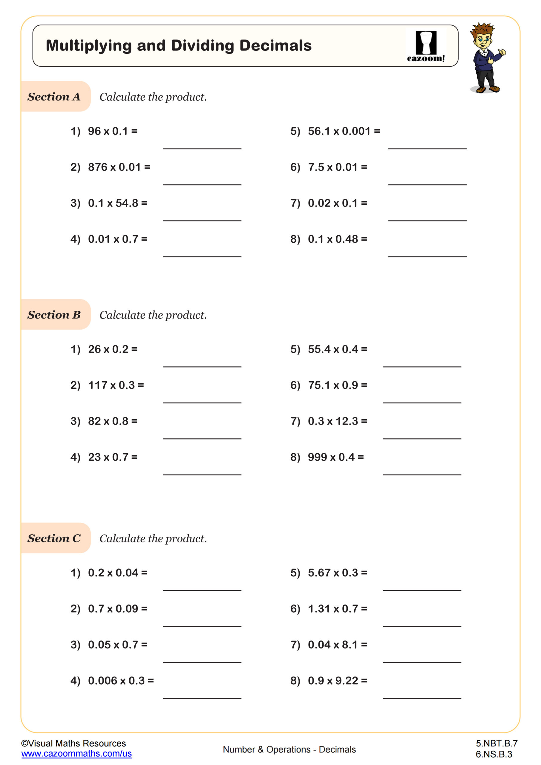 A worksheet titled “Multiplying and Dividing Decimals,” with three sections of decimal multiplication problems and lines for answers.