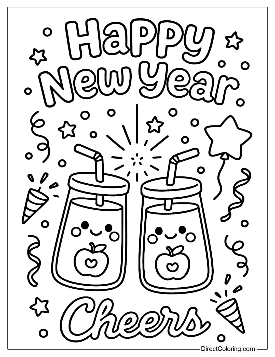 New Year coloring page with outlined “Happy New Year” and “Cheers” lettering, two smiling apple drinks with straws, stars, confetti, and party poppers.