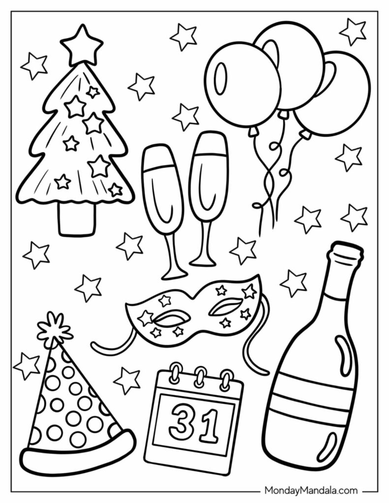 New Year coloring page with a decorated tree, balloons, two glasses, a party hat, a masquerade mask, a bottle, and a calendar showing 31.