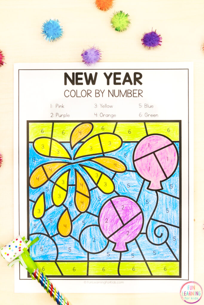 A completed New Year color-by-number worksheet with numbered balloons and streamers, colored in blue, pink, yellow, orange, purple, and green.