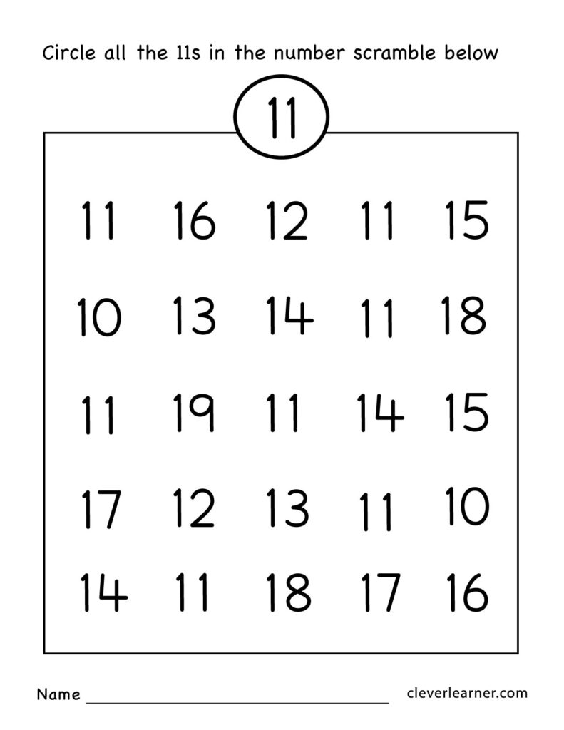 A number-scramble worksheet instructs students to circle every 11 among rows of numbers from 10 to 19.