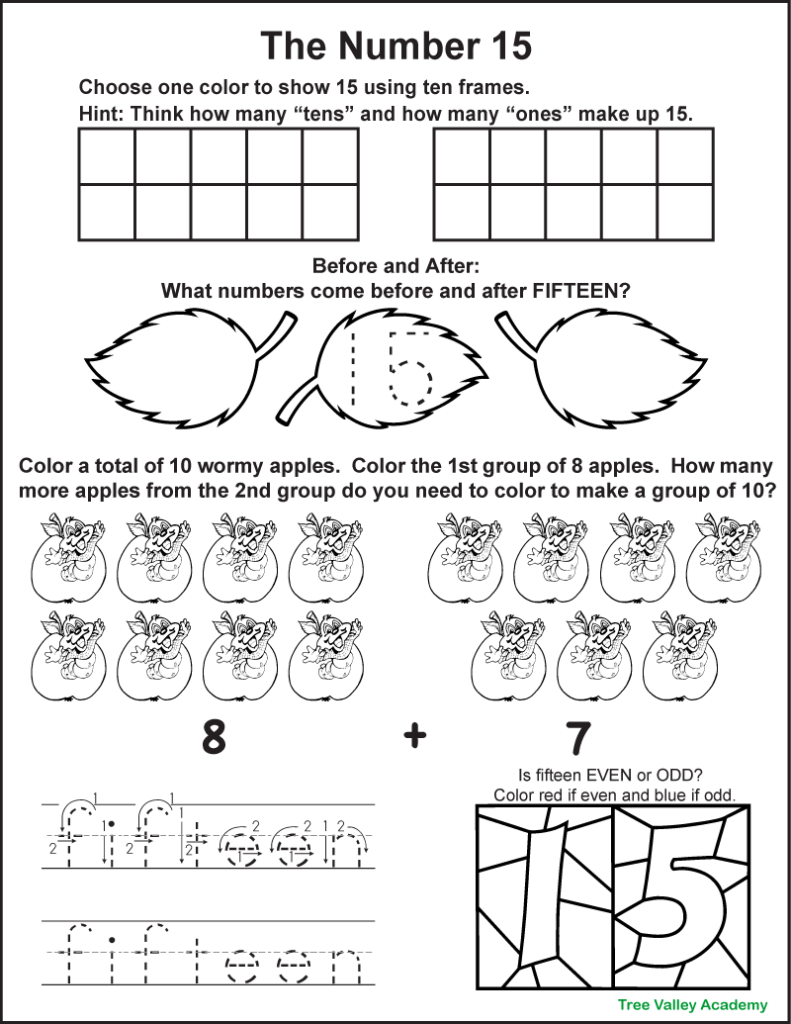 A number 15 worksheet with ten frames, before-and-after leaf prompts, an apple counting activity using groups of eight and seven, number tracing, and an even-or-odd coloring task.