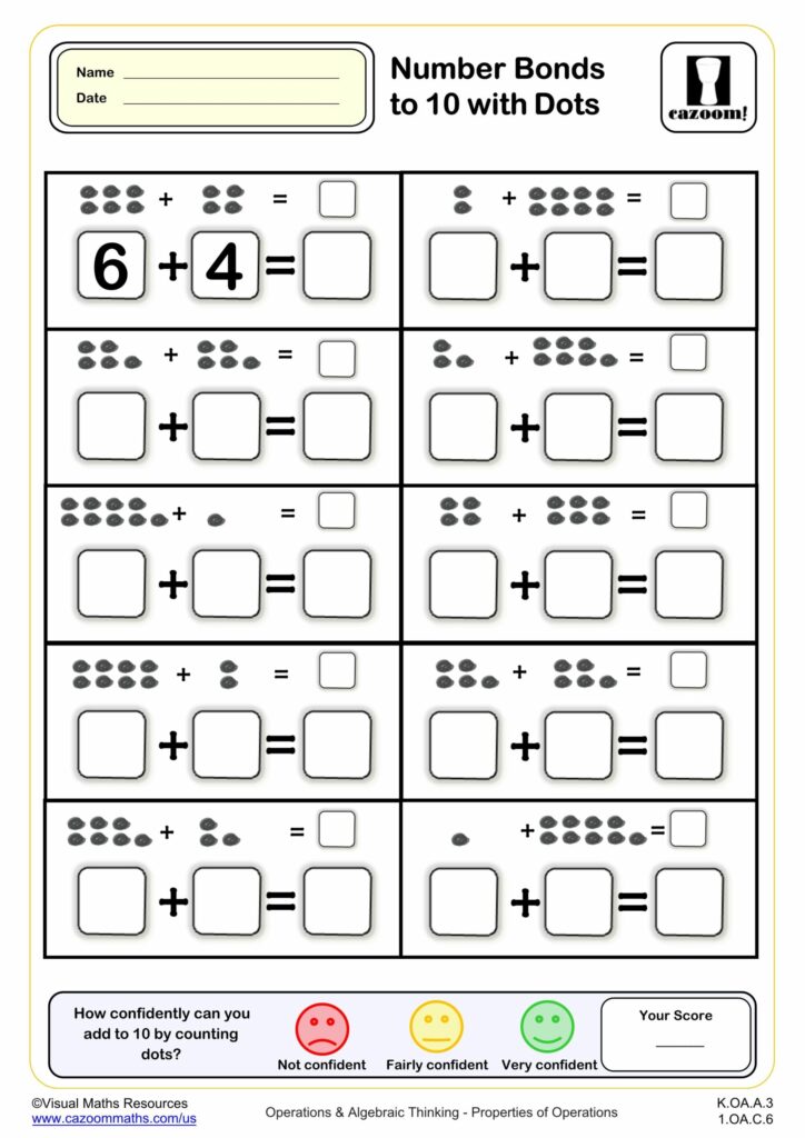 A number bonds worksheet with dot-counting addition problems, blank answer boxes, a confidence rating, and a score field.