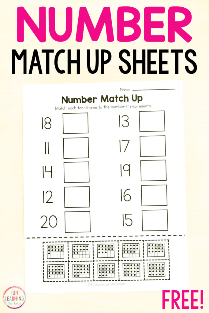 A number matching worksheet with numbers 11–20, blank answer boxes, and ten-frame dot cards to cut out and match.