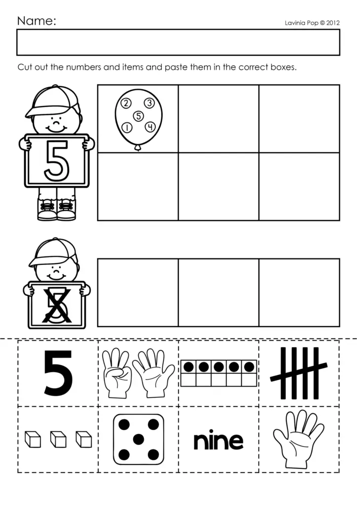 Preschool counting worksheet with a child holding the numeral 5, empty sorting boxes, and cut-out tiles showing numerals, number words, fingers, tally marks, dice, and counters.