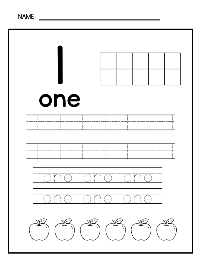 Number-writing worksheet for “one,” with a large numeral and word, ten-frame, handwriting and tracing lines, and a row of apple outlines.