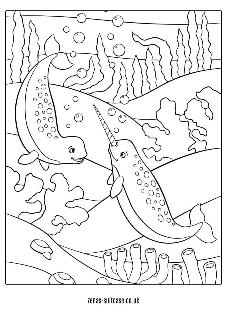 Underwater coloring page showing two spotted narwhals swimming among coral, seaweed and bubbles.