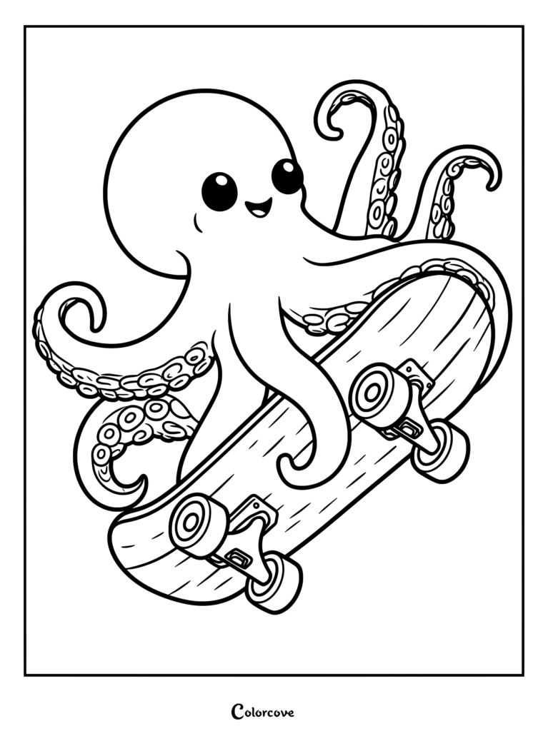 A smiling octopus with detailed tentacles rides a skateboard in a bordered black-and-white coloring page.
