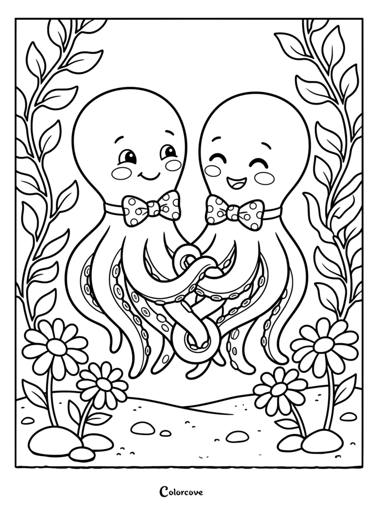 Black-and-white coloring page showing two smiling cartoon octopuses with bow ties, surrounded by flowers and leafy plants.