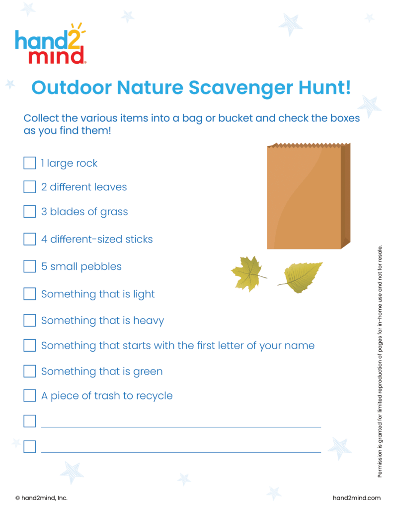 An outdoor nature scavenger hunt worksheet with checkboxes for collecting rocks, leaves, grass, sticks, and other items, plus a bag and leaf illustrations.