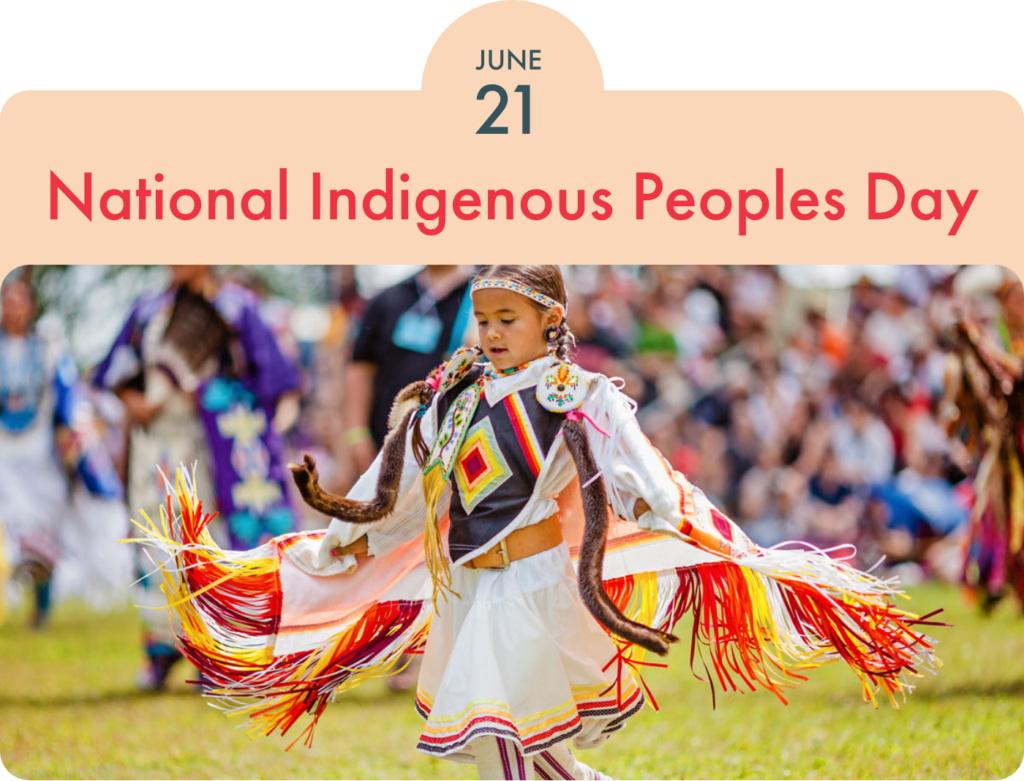 A child in colorful regalia dances at an outdoor gathering beneath a heading reading “June 21, National Indigenous Peoples Day.”.