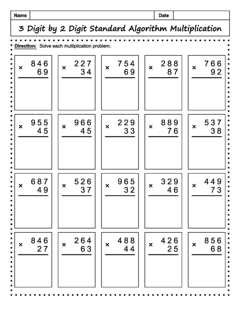 A multiplication worksheet with 20 boxed problems multiplying three-digit numbers by two-digit numbers, arranged in four rows of five, with blank space for working.