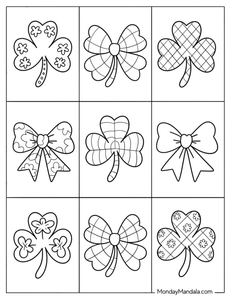 A 3-by-3 sheet of black-and-white clover and shamrock designs, several decorated with flowers, bows, or plaid patterns, ready to color.