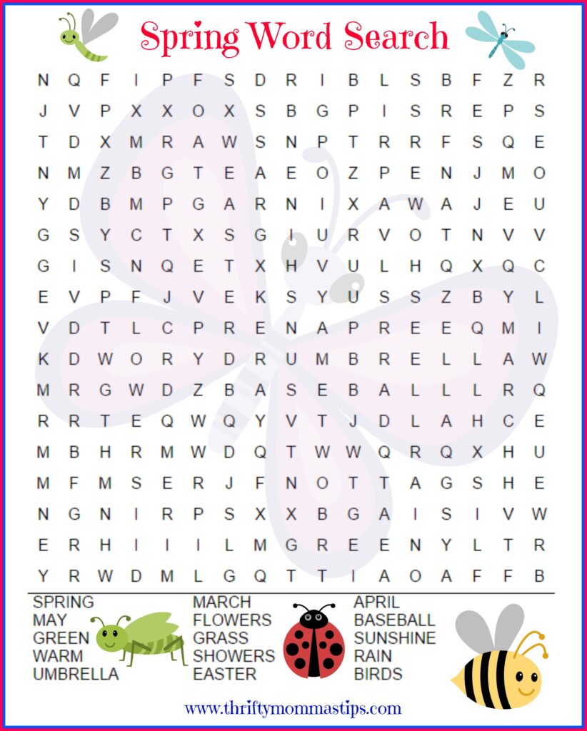 A spring-themed word search worksheet with a large letter grid, a list of seasonal words, and cartoon insects around the page.