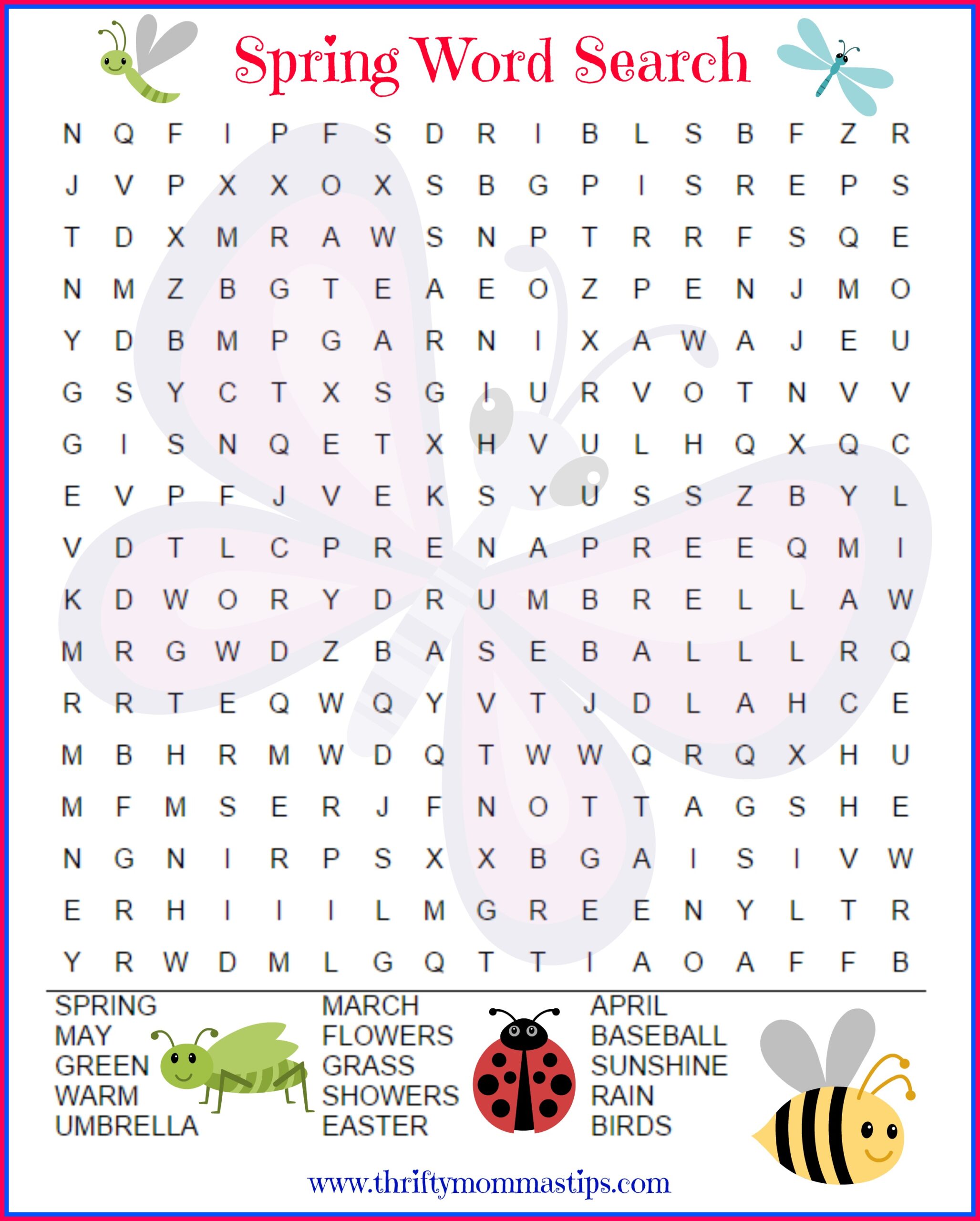 A spring-themed word search worksheet with a large letter grid, a list of seasonal words, and cartoon insects around the page.