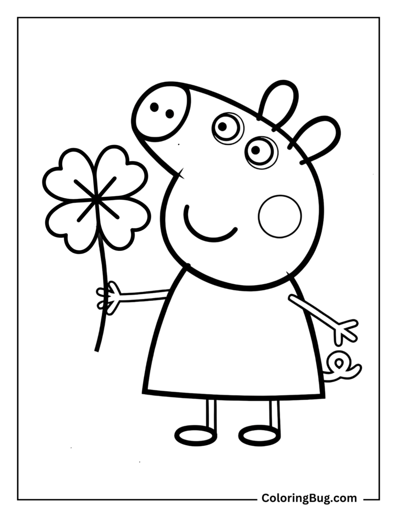 Black-and-white coloring page of a smiling cartoon character holding a four-leaf clover.