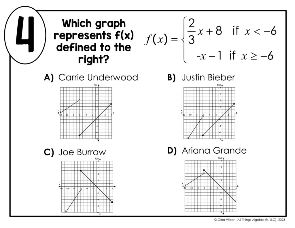 A math worksheet asks which graph represents a piecewise function, with the function rule and four labeled graph options.