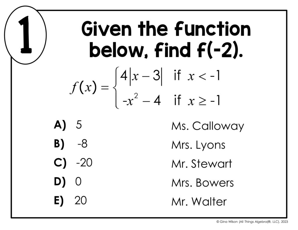 A math worksheet question asks students to find f(-2) for a piecewise function, with five multiple-choice answers.