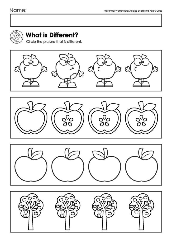 Preschool worksheet titled “What is Different?” with four rows of apple and apple-tree drawings for children to circle the picture that differs.