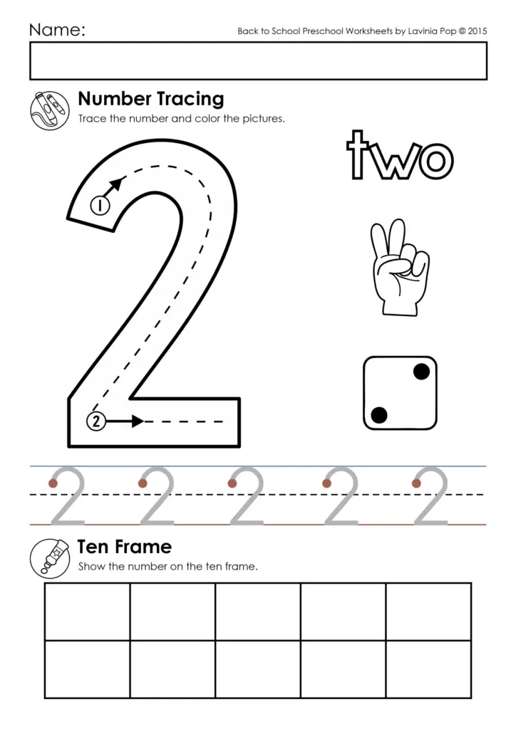 Preschool number worksheet with a large dashed-path numeral 2, the word “two,” pictures showing two, practice numerals, and an empty ten frame.