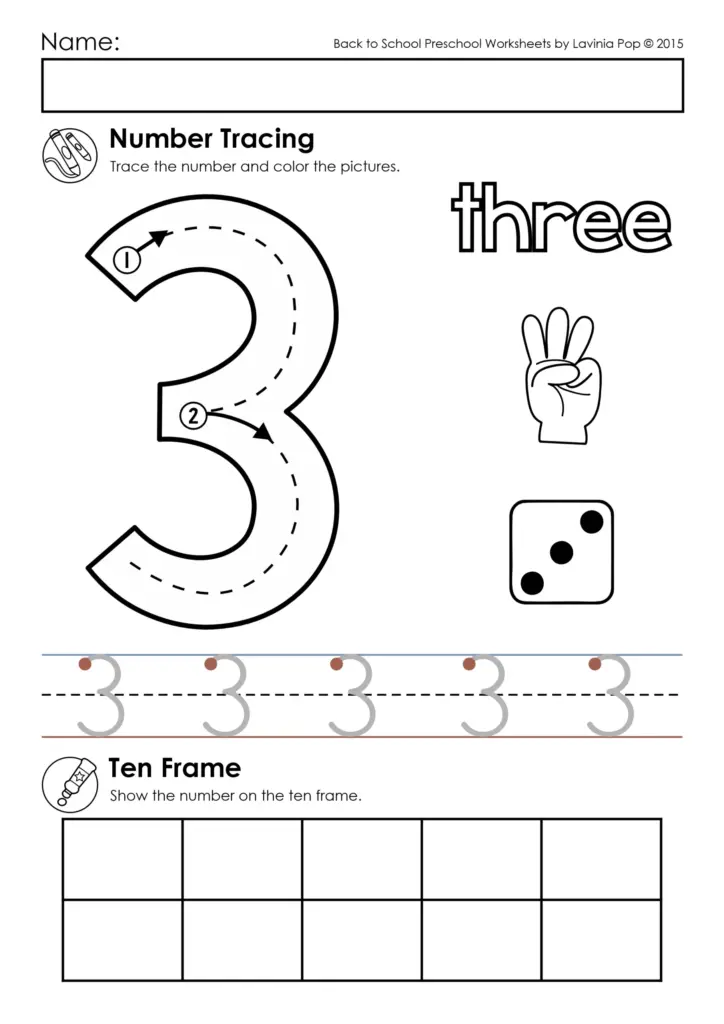 Preschool worksheet for tracing the number 3, with the word “three,” a three-finger hand, a die showing three dots, tracing lines, and a blank ten frame.