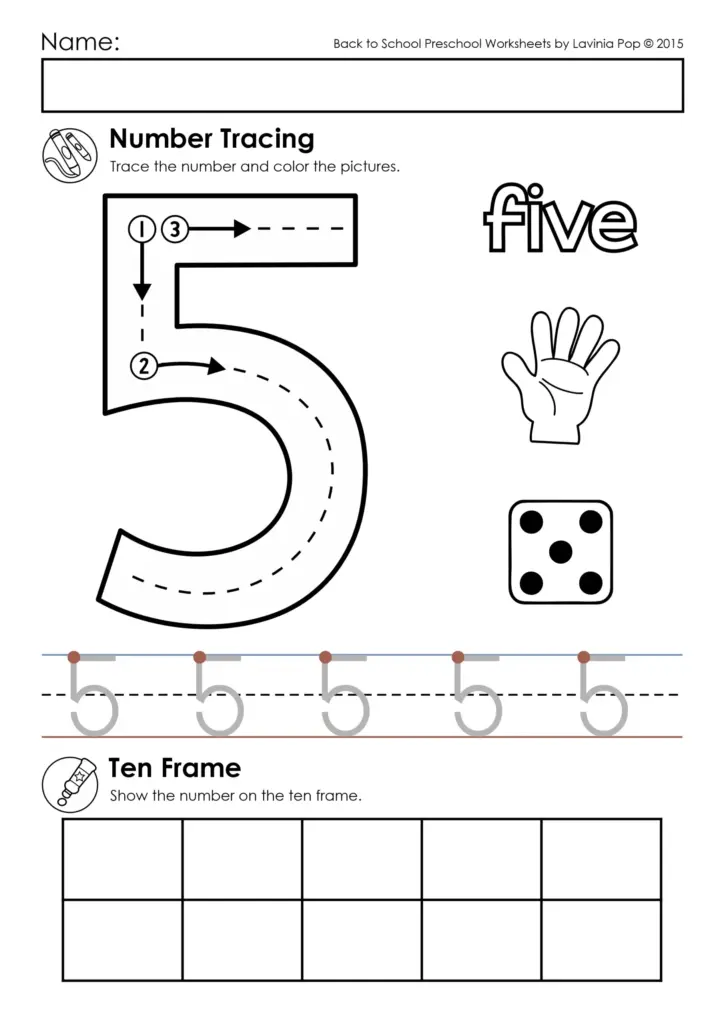 Preschool number-five worksheet with a large tracing numeral, the word “five,” a five-finger hand, a die, practice numerals, and an empty ten-frame.