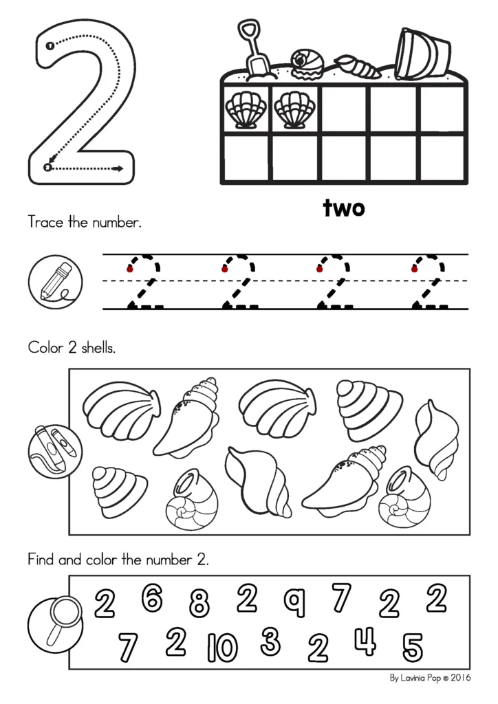 A number 2 worksheet with a tracing exercise, a ten-frame with shells, shells to color, and a number-search activity.