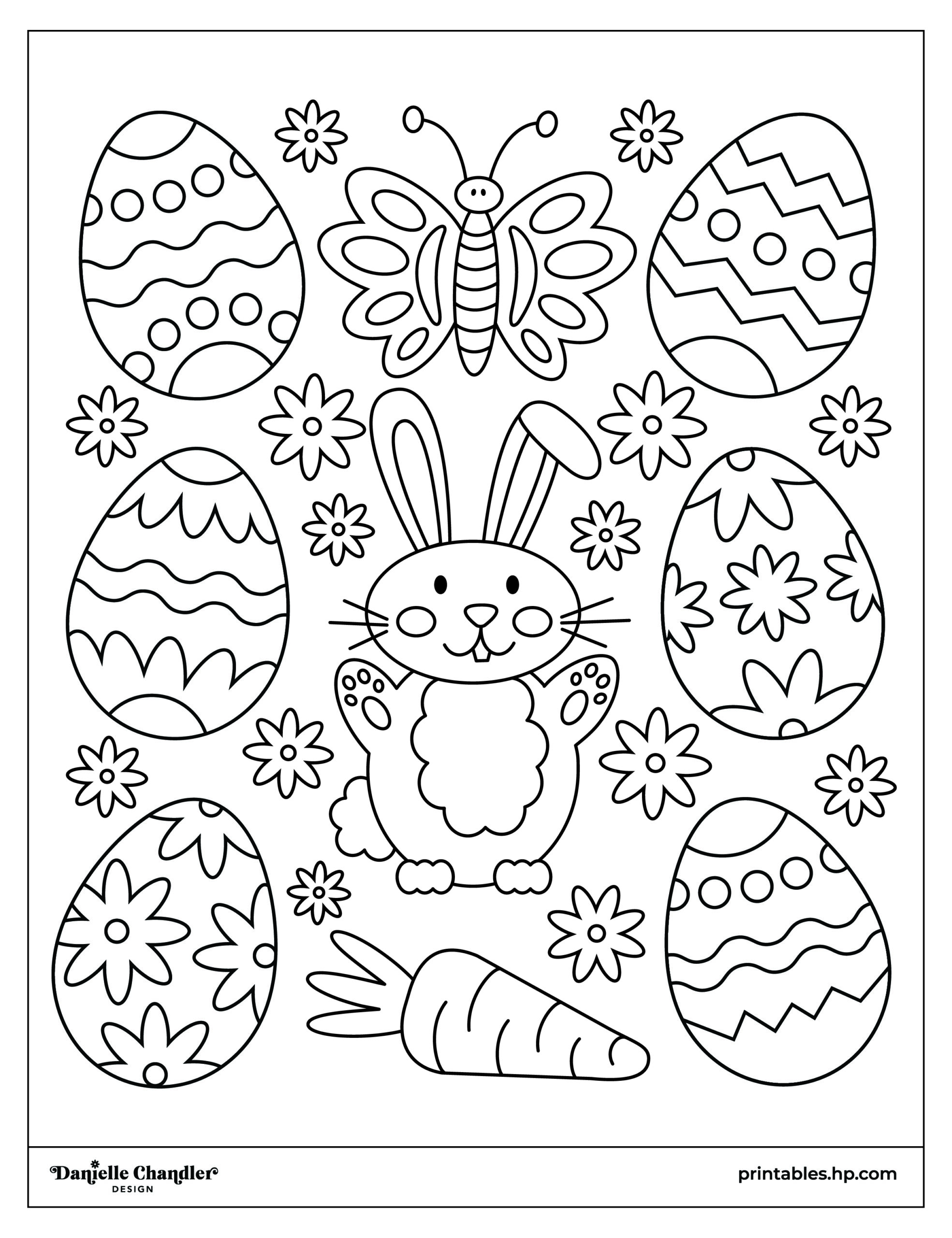Easter coloring page featuring a smiling bunny surrounded by decorated eggs, flowers, and a carrot.