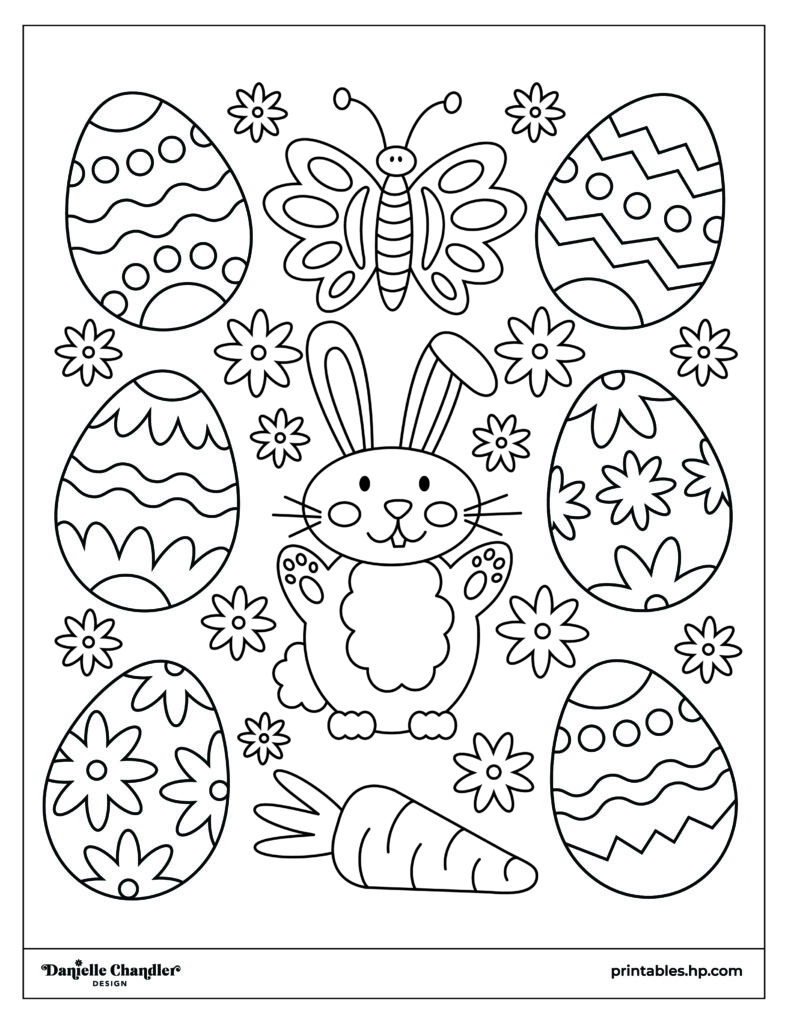 Easter coloring page with a smiling bunny surrounded by decorated eggs, flowers, and a carrot.