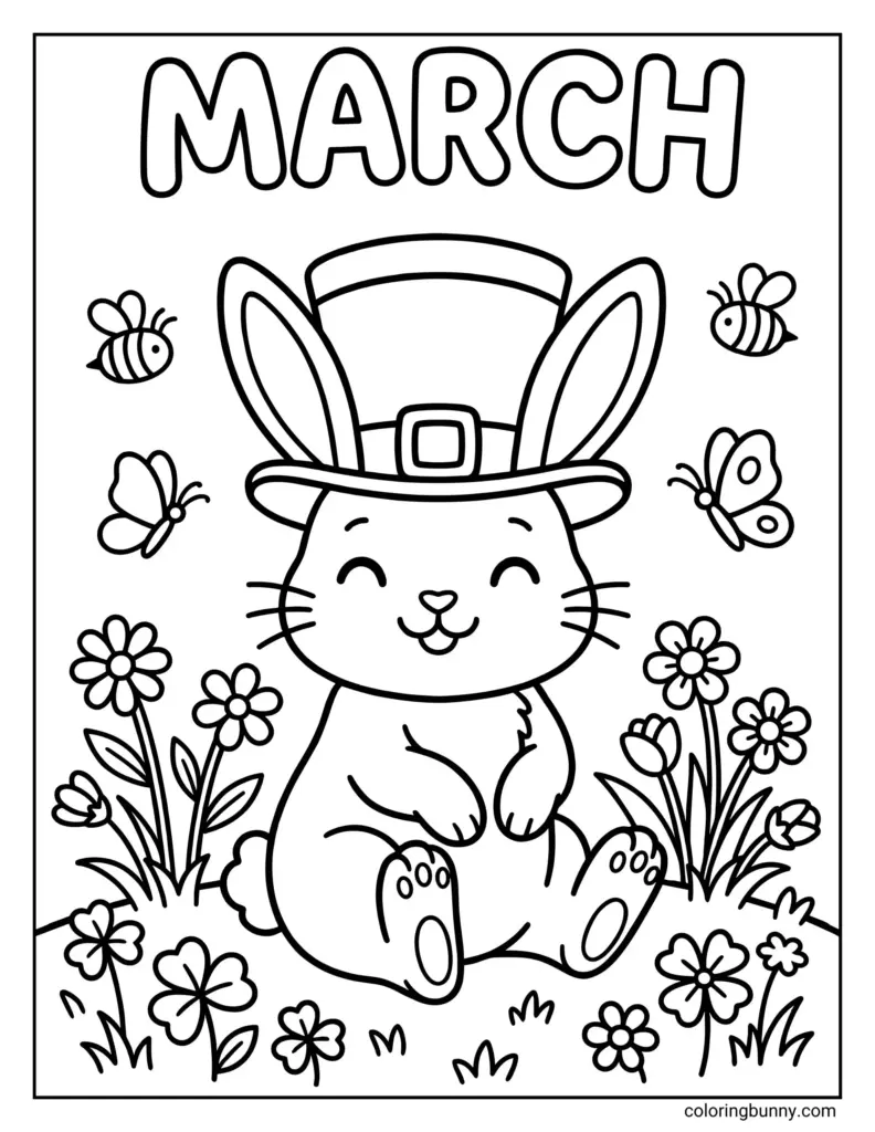 March coloring page showing a smiling rabbit in a tall hat among flowers, butterflies, and bees.
